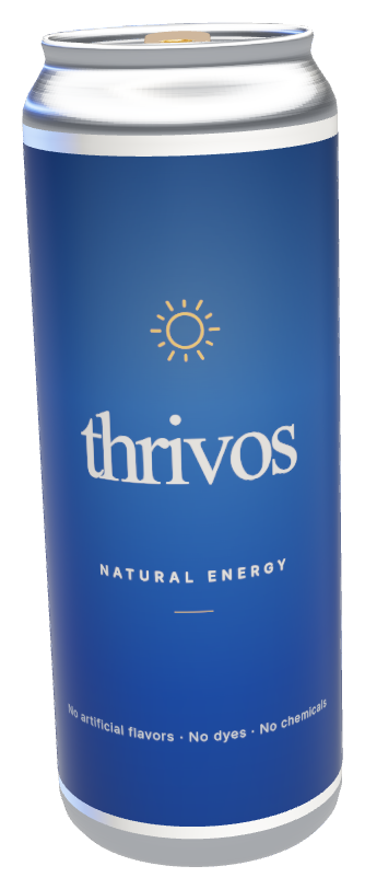 A slim Thrivos can with a cobalt wrap, a small sun mark and the cream thrivos wordmark