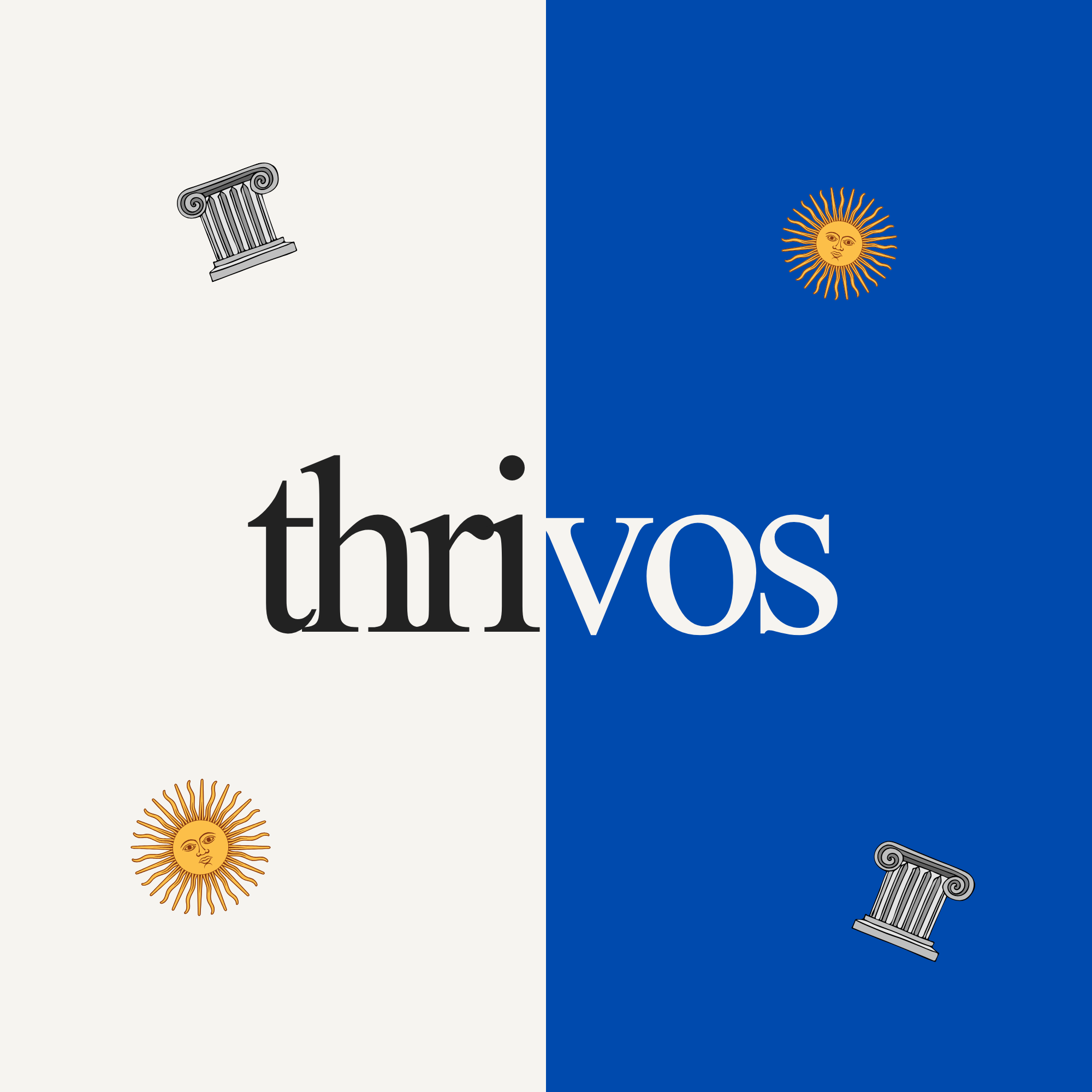 The thrivos wordmark split across cream and cobalt blue